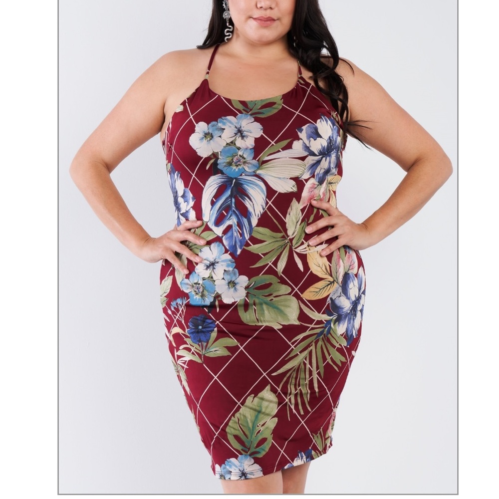 NEW Plus Size Stretchy Burgundy Crisscross Open Back Midi Floral Print Dress